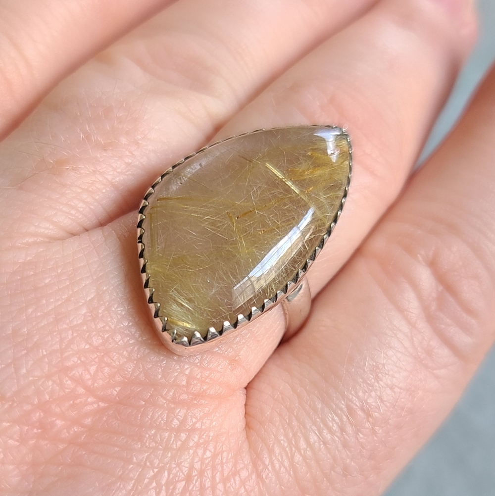 Golden Rutilated Quartz Teardrop Ring In Sterling - Picture 3 of 7